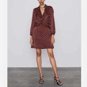 NWT ZARA Polka Dot Silk Dress in Burgundy